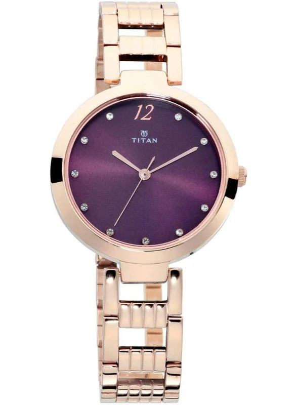Titan Sparkle Quartz Analog Burgundy Dial Rose Gold Stainless Steel Strap Watch for Women - NT2480WM02